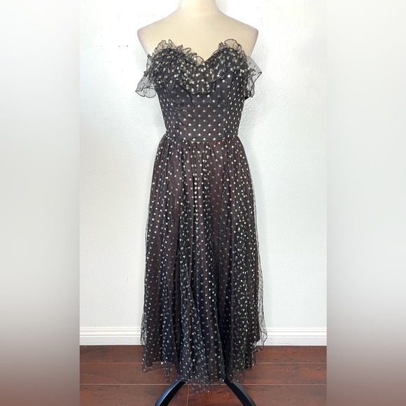 VINTAGE 1980s Jolie Madame Midi Dress Tulle Polka Dot Black Vtg 80s Size 5 / 6 - Picture 1 of 12